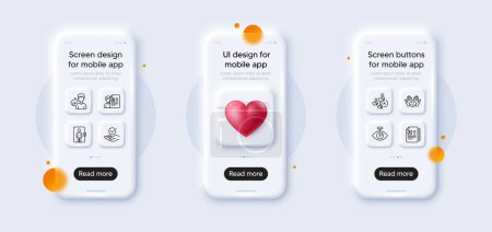 Illustration for Job interview, Cv documents and Builders union line icons pack. 3d phone mockups with heart. Glass smartphone screen. Approved, Remove team, Elevator web icon. Eye laser, Share pictogram. Vector - Royalty Free Image