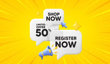 Illustration for Register now tag. 3d offer chat speech bubbles. Free registration offer. Create an account message. Register now speech bubble 3d message. Talk box megaphone banner. Vector - Royalty Free Image