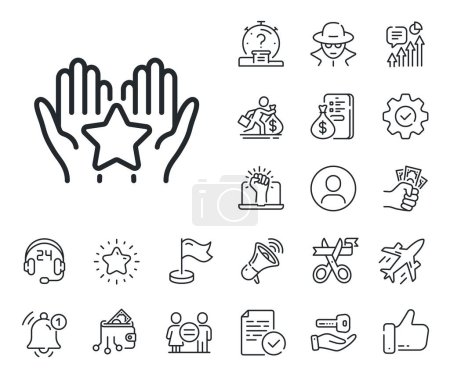 Illustration for Holding star sign. Salaryman, gender equality and alert bell outline icons. Ranking line icon. Best rank symbol. Ranking line sign. Spy or profile placeholder icon. Online support, strike. Vector - Royalty Free Image