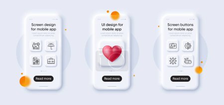 Illustration for Id card, Frying pan and Qr code line icons pack. 3d phone mockups with heart. Glass smartphone screen. Portfolio, Transform, Employees wealth web icon. Waterproof umbrella, Power pictogram. Vector - Royalty Free Image