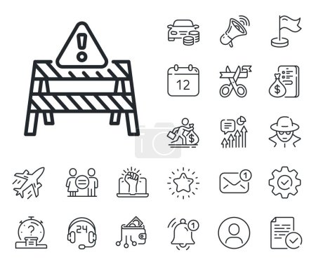 Illustration for Attention triangle sign. Salaryman, gender equality and alert bell outline icons. Warning road sign line icon. Caution alert symbol. Warning road line sign. Spy or profile placeholder icon. Vector - Royalty Free Image