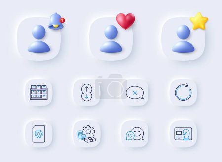Illustration for Storage, File management and Dating line icons. Placeholder with 3d bell, star, heart. Pack of Money, Synchronize, Seo strategy icon. Reject, Scroll down pictogram. For web app, printing. Vector - Royalty Free Image