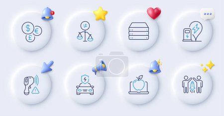 Illustration for Servers, Discrimination and Electronic thermometer line icons. Buttons with 3d bell, chat speech, cursor. Pack of Laptop, Money currency, Charging station icon. Vector - Royalty Free Image