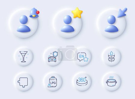 Illustration for English, Gas cylinder and Puzzle line icons. Placeholder with 3d cursor, bell, star. Pack of Saucepan, Gluten free, Car secure icon. 360 degrees, Cocktail pictogram. For web app, printing. Vector - Royalty Free Image
