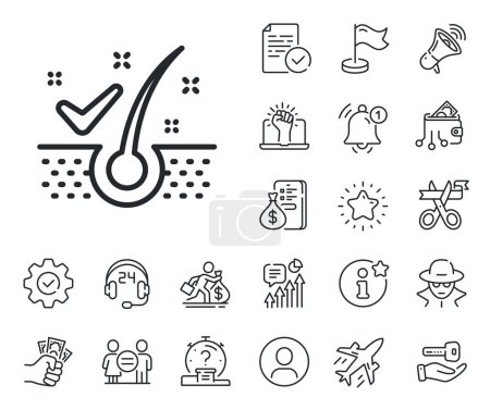 Illustration for Dandruff shampoo sign. Salaryman, gender equality and alert bell outline icons. Anti-dandruff flakes line icon. Clean hair symbol. Anti-dandruff flakes line sign. Vector - Royalty Free Image
