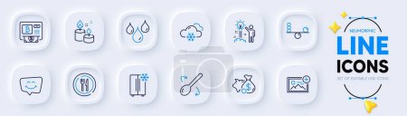 Illustration for Aroma candle, Creative idea and Waterproof line icons for web app. Pack of Bitcoin atm, Add photo, Smile chat pictogram icons. Cooking spoon, Snow weather, Piggy bank signs. Refrigerator. Vector - Royalty Free Image