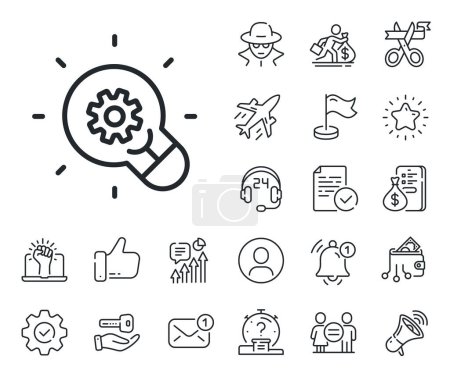 Illustration for Light bulb with cog sign. Salaryman, gender equality and alert bell outline icons. Innovation line icon. Working process symbol. Innovation line sign. Spy or profile placeholder icon. Vector - Royalty Free Image