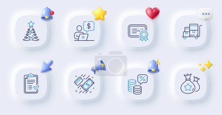 Illustration for Inventory cart, Approved checklist and Certificate line icons. Buttons with 3d bell, chat speech, cursor. Pack of Money tax, Payment, Loyalty points icon. Vector - Royalty Free Image