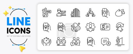 Illustration for Success business, Agent and Blood donation line icons set for app include Download app, Flight mode, Music app outline thin icon. Timer, Chat bubble, Fake internet pictogram icon. Vector - Royalty Free Image