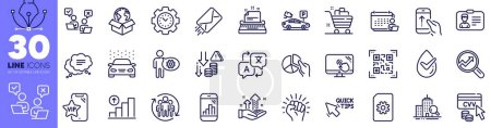 Illustration for Pie chart, Time management and Analysis graph line icons pack. Delivery service, Cvv code, Typewriter web icon. Translate, Deflation, Analytics pictogram. Quick tips, File management, Swipe up. Vector - Royalty Free Image