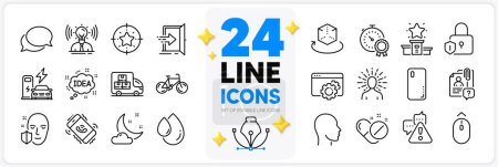 Illustration for Icons set of Oil drop, Seo gear and Brand line icons pack for app with Call center, Yoga, Winner podium thin outline icon. Charging station, Augmented reality, Delivery truck pictogram. Vector - Royalty Free Image