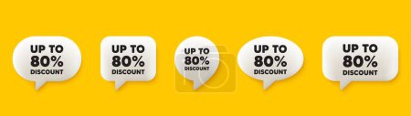 Illustration for Up to 80 percent discount. 3d chat speech bubbles set. Sale offer price sign. Special offer symbol. Save 80 percentages. Discount tag talk speech message. Talk box infographics. Vector - Royalty Free Image