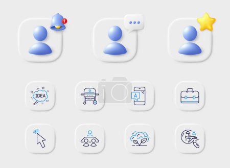 Illustration for Cursor, Co2 gas and Portfolio line icons. Placeholder with 3d star, reminder bell, chat. Pack of Ab testing, Idea, Interview job icon. Search flight, Gas grill pictogram. For web app, printing. Vector - Royalty Free Image