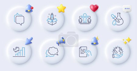 Illustration for Save planet, Hold document and Messenger line icons. Buttons with 3d bell, chat speech, cursor. Pack of Chat message, Chemistry experiment, Growth chart icon. Startup, Winner pictogram. Vector - Royalty Free Image