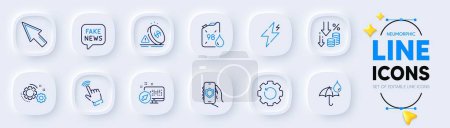 Illustration for Fake news, Inflation and Mouse cursor line icons for web app. Pack of Web system, Petrol canister, Gears pictogram icons. Waterproof umbrella, Power, Deflation signs. Recovery gear. Vector - Royalty Free Image
