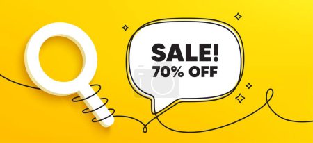 Illustration for Sale 70 percent off discount. Continuous line chat banner. Promotion price offer sign. Retail badge symbol. Sale speech bubble message. Wrapped 3d search icon. Vector - Royalty Free Image