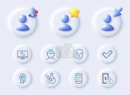 Illustration for Private payment, Face accepted and Stress line icons. Placeholder with 3d cursor, bell, star. Pack of Monitor repair, Positive feedback, Smartphone notification icon. Vector - Royalty Free Image