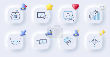 Illustration for Photo studio, Inclusion and Video conference line icons. Buttons with 3d bell, chat speech, cursor. Pack of Business statistics, Money transfer, Chin icon. Balcony, Volunteer pictogram. Vector - Royalty Free Image