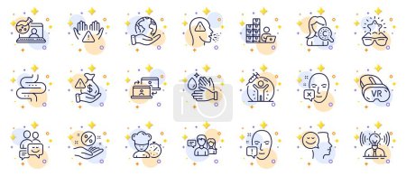 Illustration for Outline set of Communication, People talking and Collagen skin line icons for web app. Include Good mood, Best glasses, Wash hands pictogram icons. Online chemistry, Intestine. Vector - Royalty Free Image