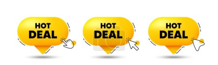 Illustration for Hot deal tag. Click here buttons. Special offer price sign. Advertising discounts symbol. Hot deal speech bubble chat message. Talk box infographics. Vector - Royalty Free Image