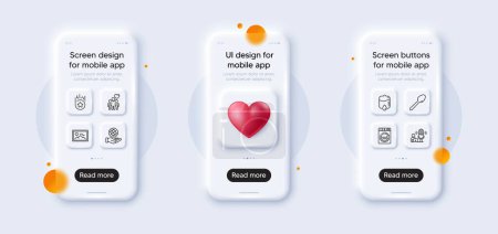 Illustration for Drop counter, Laundry and Loyalty star line icons pack. 3d phone mockups with heart. Glass smartphone screen. Safe planet, Photo, Podcast web icon. Friendship, Spoon pictogram. Vector - Royalty Free Image