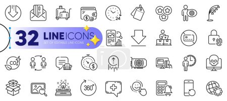 Illustration for Outline set of Workflow, No card and Typewriter line icons for web with 24 hours, Luggage trolley, Sale tags thin icon. Online payment, Last minute, 360 degrees pictogram icon. Stars. Vector - Royalty Free Image
