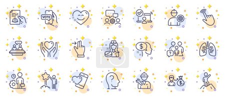Illustration for Outline set of Cursor, Employee and Pay line icons for web app. Include Leadership, Engineer, Online voting pictogram icons. Star, Hold heart, Salary signs. Technical documentation. Vector - Royalty Free Image