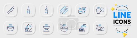Illustration for Beer, Hamburger and Grill place line icons for web app. Pack of Cook, Hotdog, Food delivery pictogram icons. Saucepan, Coffee break, Knife signs. Frying pan, Beer bottle, Grill. Pub alcohol. Vector - Royalty Free Image