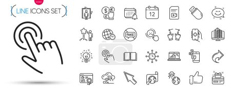 Illustration for Pack of Seo certificate, Annual calendar and Usb stick line icons. Include Video file, Book, Notification pictogram icons. Health app, Loyalty card, Star signs. Elevator, Like, Communication. Vector - Royalty Free Image