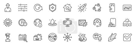 Illustration for Icons pack as Food delivery, Online storage and Reload line icons for app include Filter, Corn, Teamwork outline thin icon web set. Smartphone clean, Deflation, Game console pictogram. Vector - Royalty Free Image