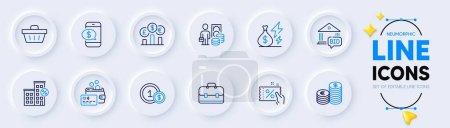 Illustration for Portfolio, Currency and Phone payment line icons for web app. Pack of Card, Electricity price, Loan house pictogram icons. Money profit, Discount coupon, Shopping basket signs. Usd coins. Vector - Royalty Free Image