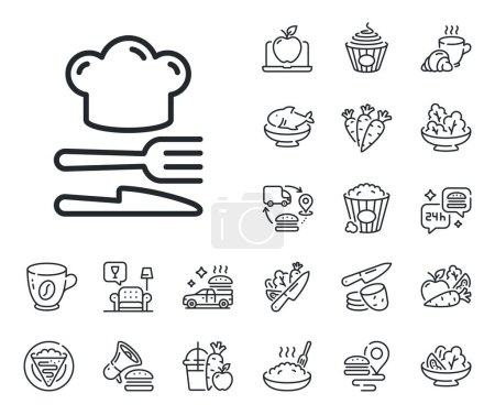 Illustration for Cooking chef sign. Crepe, sweet popcorn and salad outline icons. Food line icon. Fork, knife symbol. Food line sign. Pasta spaghetti, fresh juice icon. Supply chain. Vector - Royalty Free Image