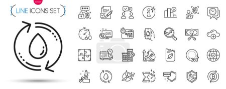 Illustration for Pack of Analytics, Bell alert and Shield line icons. Include Canister, Cut tax, Innovation pictogram icons. Web call, Windmill turbine, Quick tips signs. Hourglass timer, Delivery, Loan house. Vector - Royalty Free Image