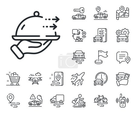 Illustration for Restaurant order sign. Plane, supply chain and place location outline icons. Food delivery line icon. Catering service symbol. Food delivery line sign. Taxi transport, rent a bike icon. Vector - Royalty Free Image