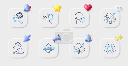 Illustration for Vaccine announcement, Coronavirus and Coronavirus research line icons. Buttons with 3d bell, chat speech, cursor. Pack of Medicine price, Medical mask, Calcium mineral icon. Vector - Royalty Free Image