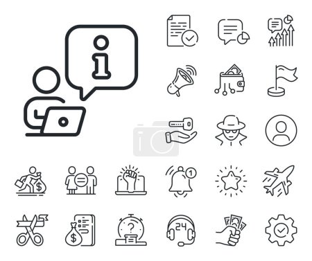 Illustration for Job information sign. Salaryman, gender equality and alert bell outline icons. Interview line icon. Online business meeting symbol. Interview line sign. Spy or profile placeholder icon. Vector - Royalty Free Image