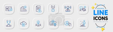 Illustration for Brand, Business idea and Vip certificate line icons for web app. Pack of Instruction manual, Lawyer, Winner medal pictogram icons. Stats, Decreasing graph, File storage signs. Music book. Vector - Royalty Free Image