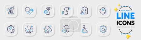 Illustration for Medical support, Shield and Disability line icons for web app. Pack of Vitamin d, Face accepted, Coronavirus spray pictogram icons. Vitamin u, Electronic thermometer, Blood signs. Vector - Royalty Free Image
