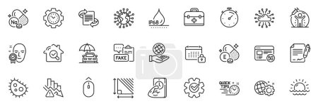 Illustration for Icons pack as Safe planet, Time management and Sunset line icons for app include Fake document, Waterproof, Car insurance outline thin icon web set. Calendar, First aid, Deflation pictogram. Vector - Royalty Free Image