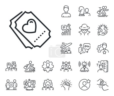 Illustration for Heart emotion sign. Specialist, doctor and job competition outline icons. Love ticket line icon. Valentine day symbol. Love ticket line sign. Avatar placeholder, spy headshot icon. Vector - Royalty Free Image