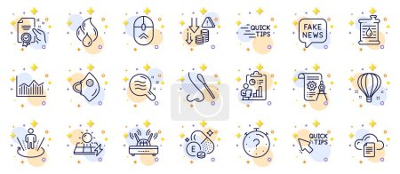 Illustration for Outline set of Certificate, Nasal test and Augmented reality line icons for web app. Include Oil barrel, Air balloon, Quick tips pictogram icons. Report, Medical mask, Money diagram signs. Vector - Royalty Free Image