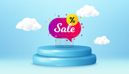 Illustration for Sale banner. Winner podium 3d base. Product offer pedestal. Discount sticker shape. Coupon chat bubble icon. Sale sticker promotion message. Background with 3d clouds. Vector - Royalty Free Image