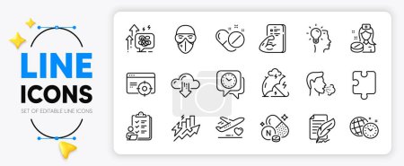Illustration for Fitness, Puzzle and Medical mask line icons set for app include Checklist, Time management, Vitamin n outline thin icon. Medical flight, Stress protection, Consumption growth pictogram icon. Vector - Royalty Free Image