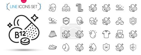 Illustration for Pack of Shoes, Skin care and Vitamin a line icons. Include Spf protection, Uv protection, Sunglasses pictogram icons. Problem skin, T-shirt, Healthy face signs. Scarf, Oil drop. Vector - Royalty Free Image