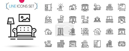 Illustration for Pack of Box size, Door and Skyscraper buildings line icons. Include Inspect, Food delivery, Building warning pictogram icons. Lighthouse, Loan house, Delivery market signs. Vector - Royalty Free Image
