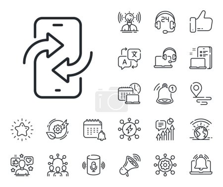 Illustration for Smartphone app sign. Place location, technology and smart speaker outline icons. Phone transfer line icon. Cellphone mobile device symbol. Phone transfer line sign. Vector - Royalty Free Image