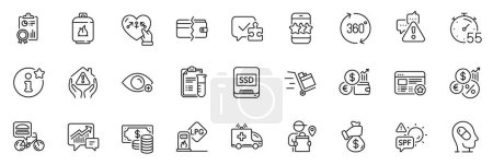 Illustration for Icons pack as Genders, Coins banknote and Farsightedness line icons for app include Gas station, Inspect, Ssd outline thin icon web set. Payment methods, Ambulance car. Genders outline sign. Vector - Royalty Free Image