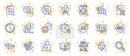 Illustration for Outline set of Canister, Best food and Business person line icons for web app. Include Airplane, Research, Touch screen pictogram icons. Timer, Shopping, Refund commission signs. Vector - Royalty Free Image