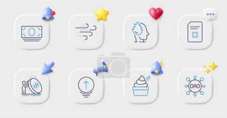 Illustration for Cash money, Inflation and Delete file line icons. Buttons with 3d bell, chat speech, cursor. Pack of Ice cream, Stress, Swipe up icon. Dao, Windy weather pictogram. For web app, printing. Vector - Royalty Free Image