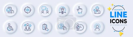Illustration for Disability, Cursor and Messenger mail line icons for web app. Pack of Eye target, Repairman, Yoga pictogram icons. Yoga music, People chatting, Bitcoin pay signs. Social distance. Vector - Royalty Free Image